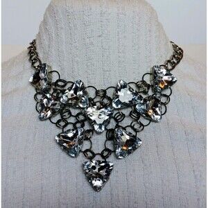 Jennifer Lopez Chunky Silvertone Rhinestone Bib Statement Necklace 14-17 in